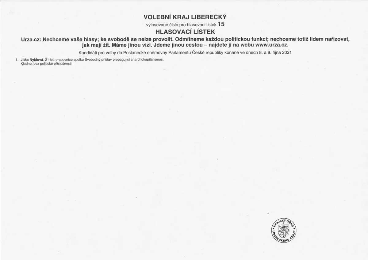 Nevolte Urza.cz. – voting ballot, 2021 Czech legislative election, Liberec Region, Czechia